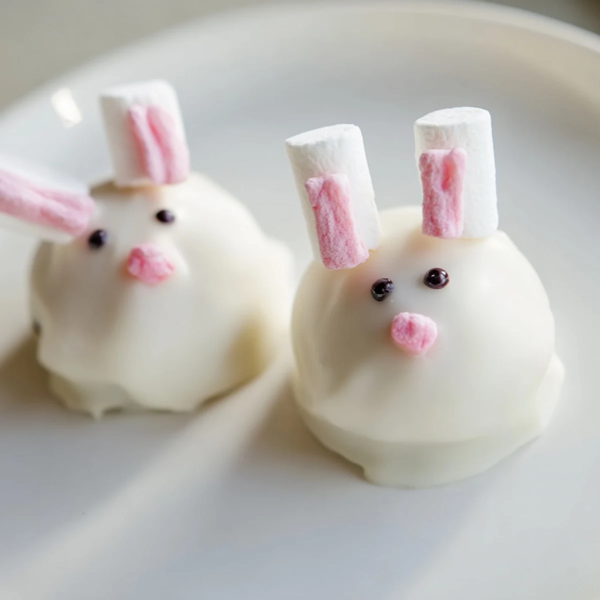 Hand-rolled Oreo truffles shaped like bunny heads dipped in smooth white chocolate coating