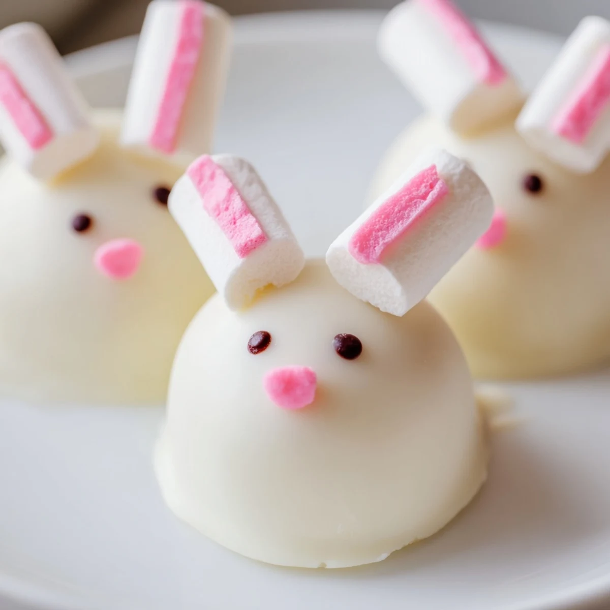 Easter dessert featuring chocolate-coated Oreo balls decorated with pink candy noses and cute bunny faces