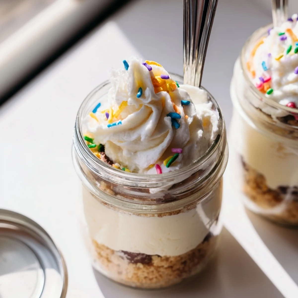 Easter Egg Cheesecake Jars featuring creamy layers, colorful sprinkles, and hidden chocolate eggs in glass containers
