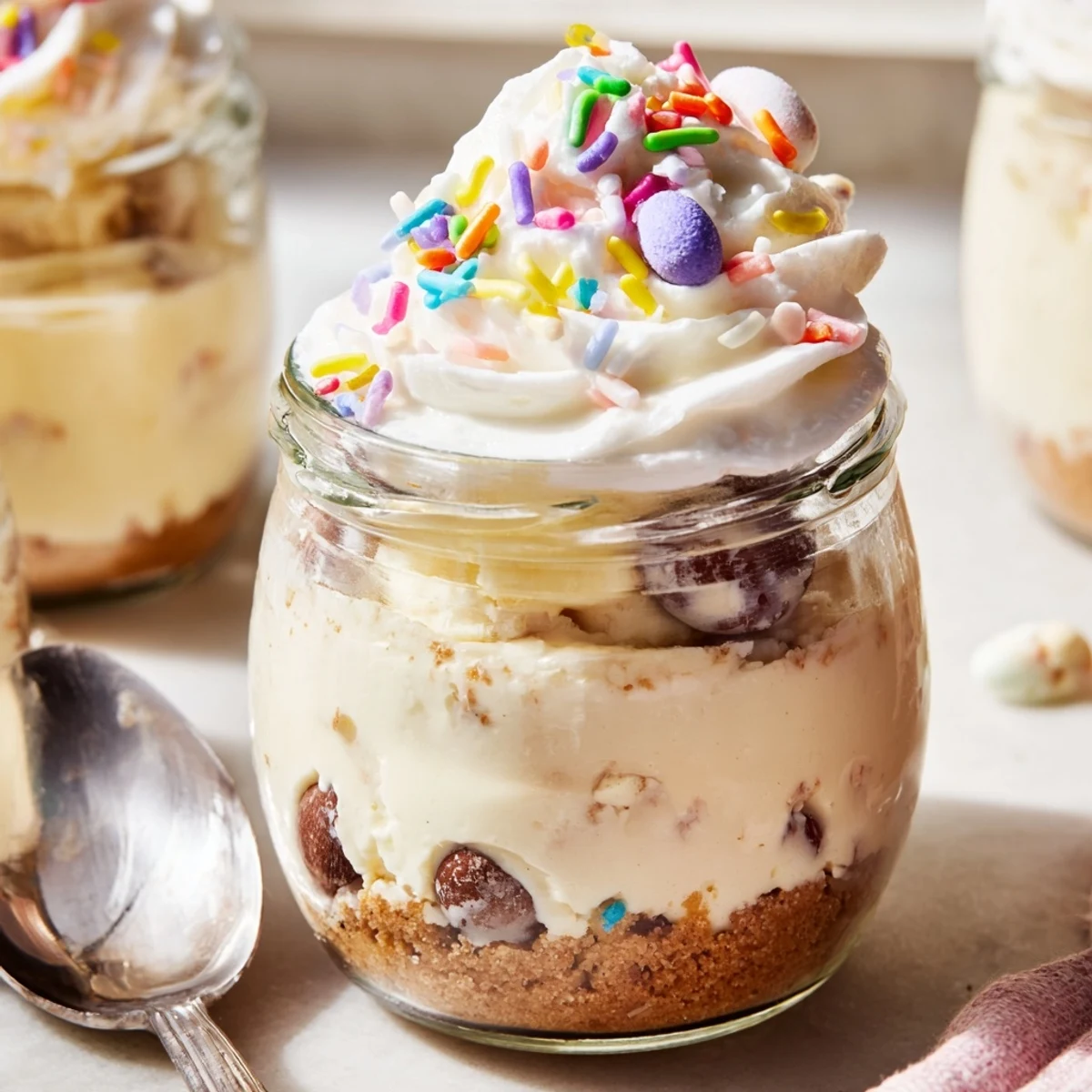No-bake Easter Egg Cheesecake Jars with whipped cream topping and festive pastel candy garnish