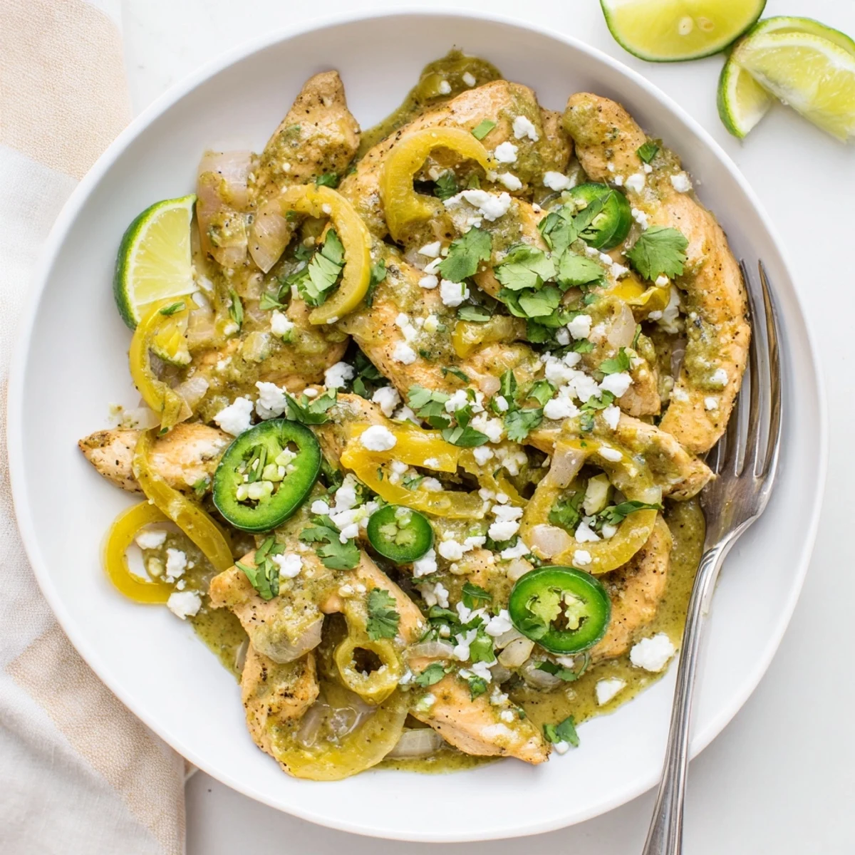 Golden chicken breasts nestled in vibrant green salsa verde sauce with fresh cilantro garnish