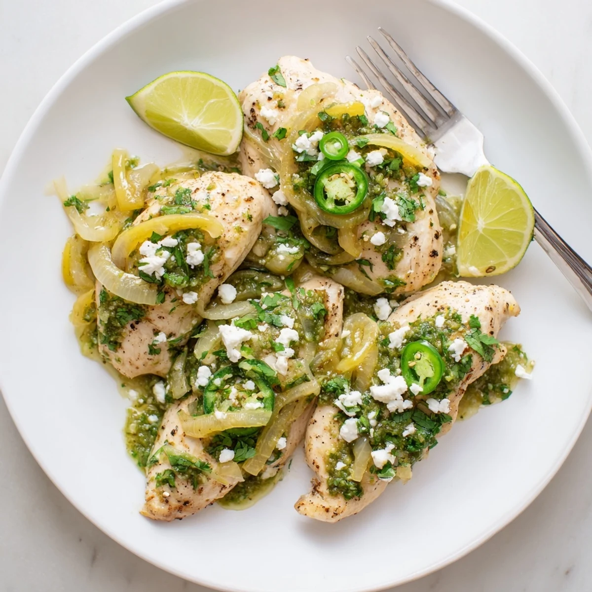 Tender salsa verde chicken simmering in a skillet with zesty tomatillo sauce and melted cheese