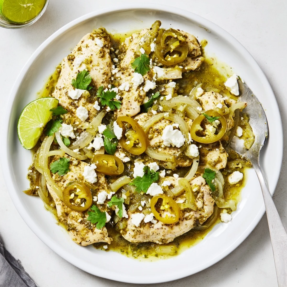 Weeknight dinner of juicy chicken cooked in tangy green salsa with lime and onions