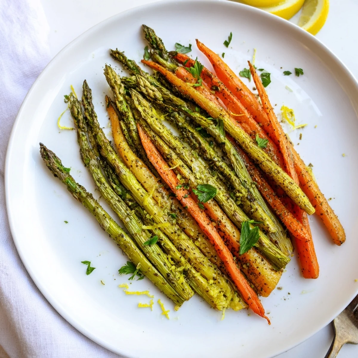 Golden roasted asparagus and carrots seasoned with herbs on a white serving platter