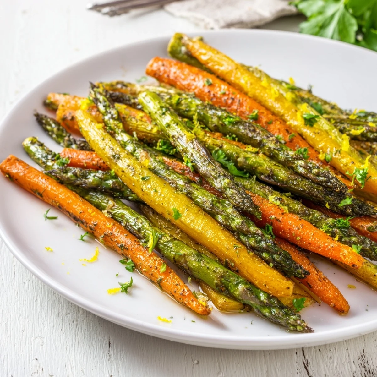 Colorful roasted asparagus and carrot sticks arranged on a parchment lined baking sheet