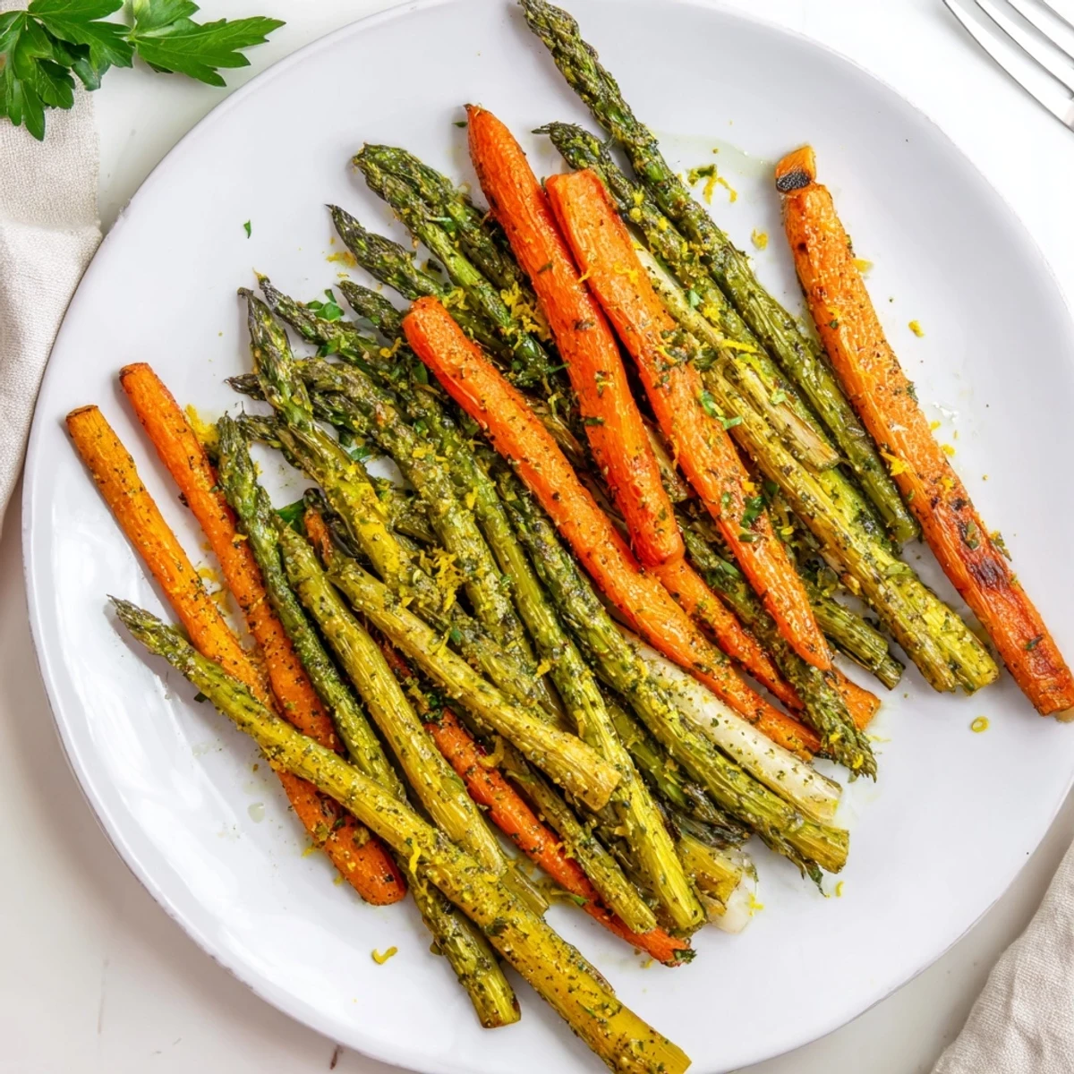 Tender oven roasted asparagus and carrots with caramelized edges and fresh parsley garnish