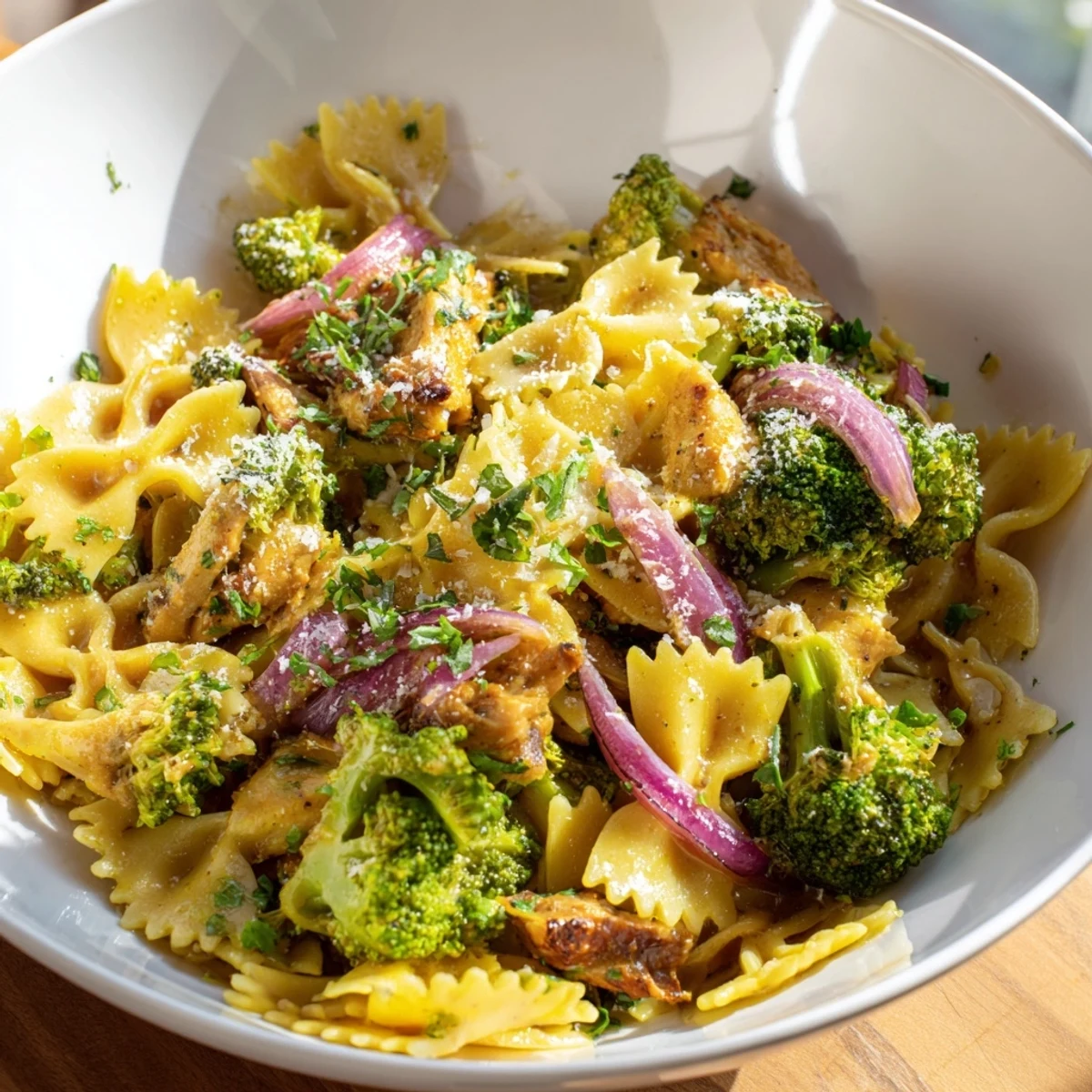 Vibrant pasta dinner featuring tender chicken and zesty citrus sauce coating bowtie noodles and green broccoli
