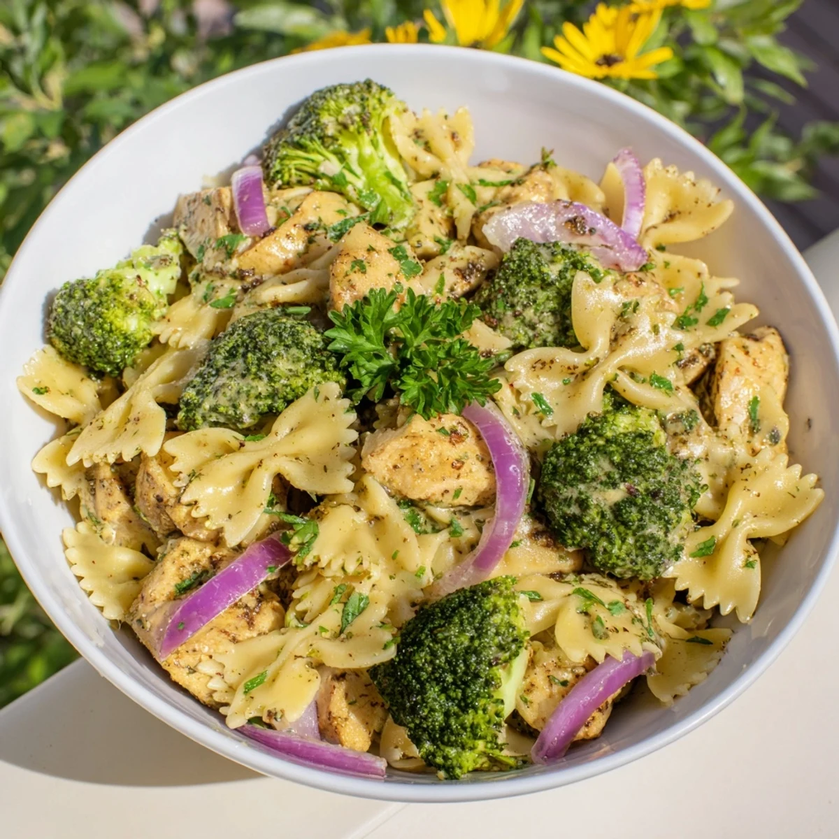 Golden brown chicken pieces and crisp broccoli florets tossed in creamy cowboy butter lemon bowtie pasta