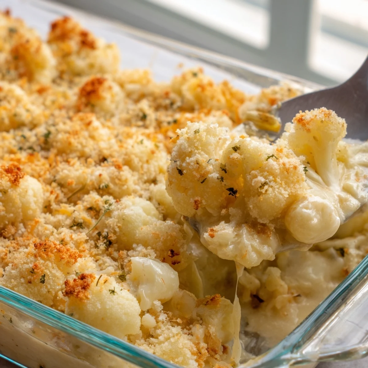 Golden baked cauliflower casserole with melted cheddar and crispy breadcrumb topping