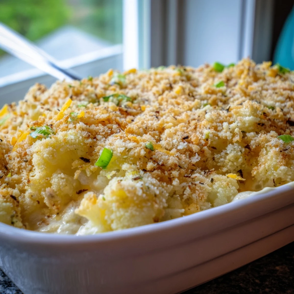 Creamy cauliflower casserole bubbling in a baking dish with cheese sauce