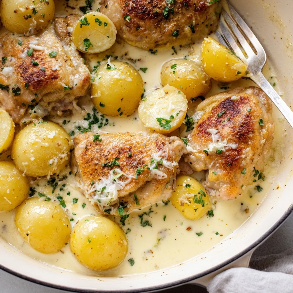 Golden brown chicken and tender baby potatoes swimming in rich garlic Parmesan cream sauce