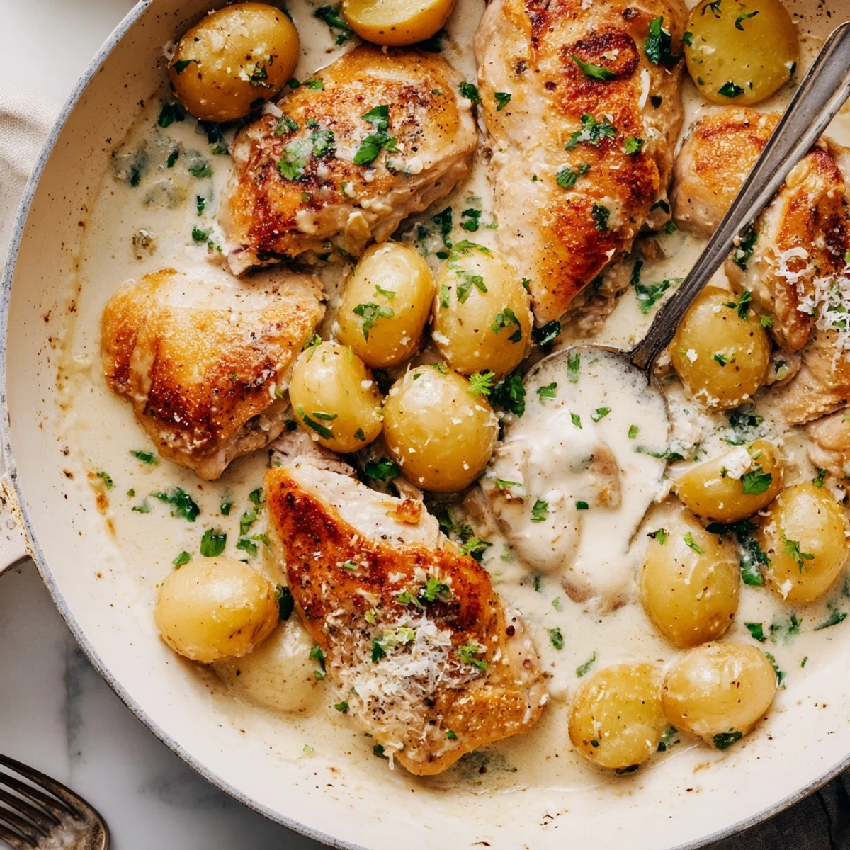 Creamy garlic Parmesan sauce coats tender chicken breasts and roasted golden potatoes in baking dish