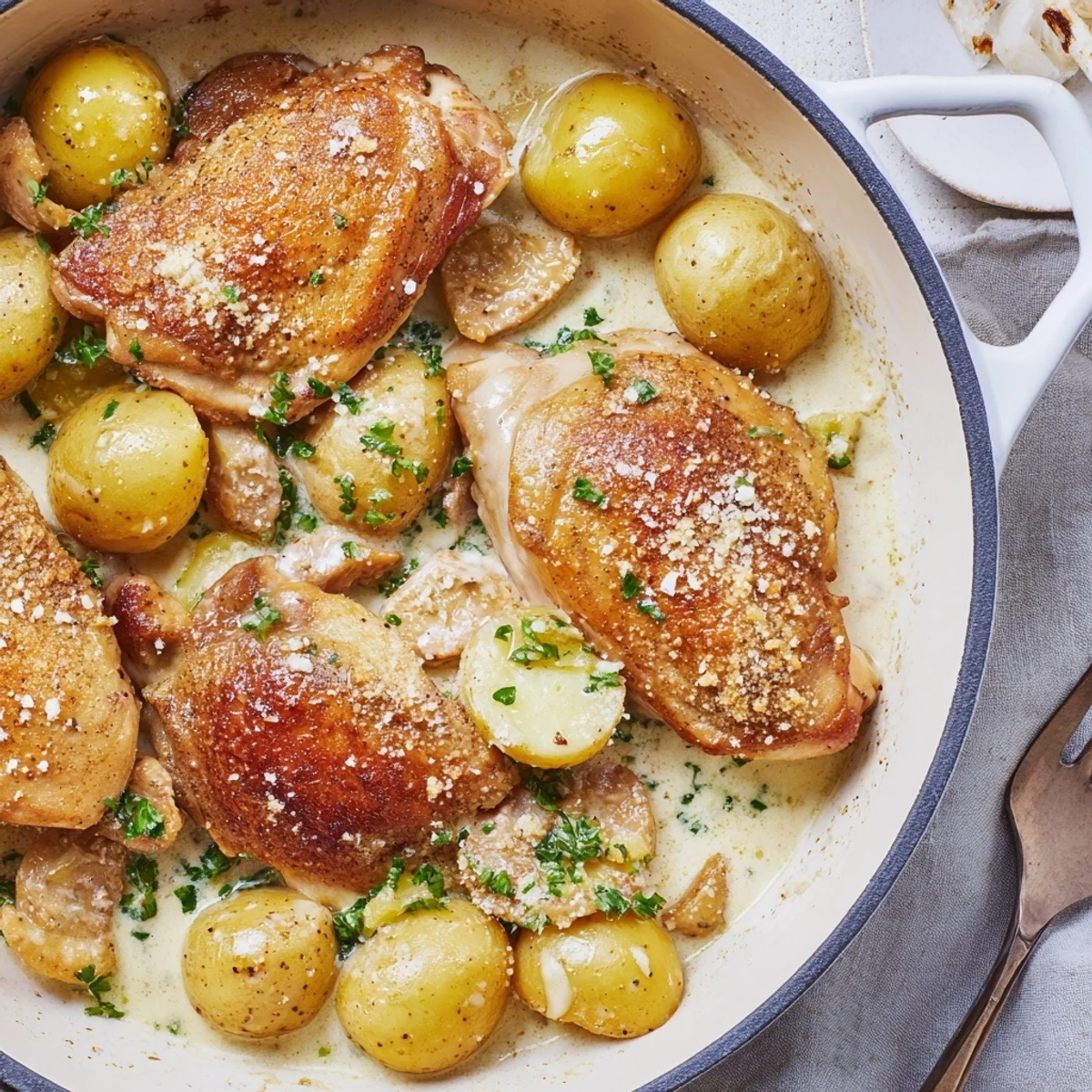 One-pan chicken and potatoes baked in bubbling white Parmesan sauce with fresh parsley garnish
