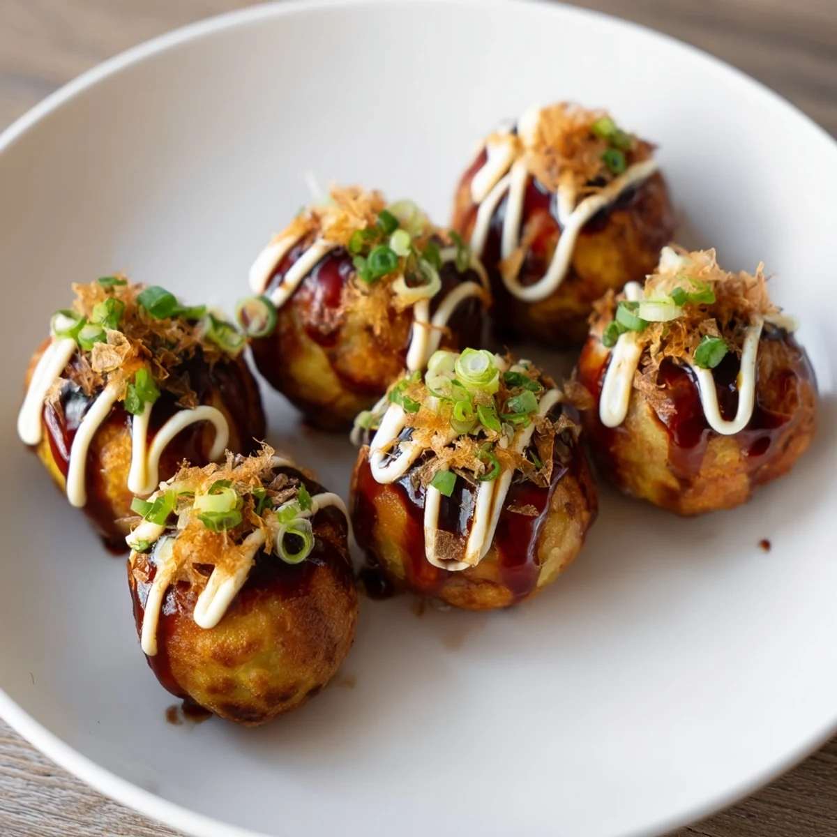Golden-brown Takoyaki balls drizzled with savory sauce and dancing bonito flakes on a plate