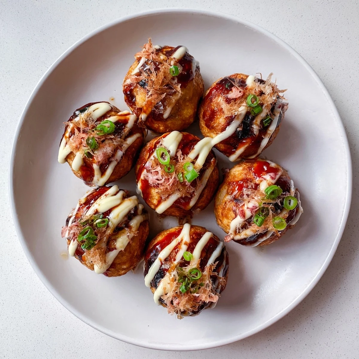 Hot octopus-filled Takoyaki spheres with crispy exteriors, garnished with pickled ginger and green onions