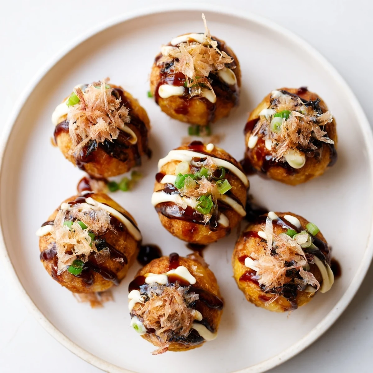 Savory Japanese Takoyaki filled with tender octopus pieces, topped with mayonnaise and seaweed