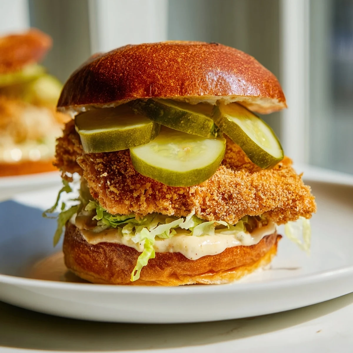 Juicy crispy chicken burger featuring crunchy fried breast, creamy sauce, and crisp vegetables on a bun