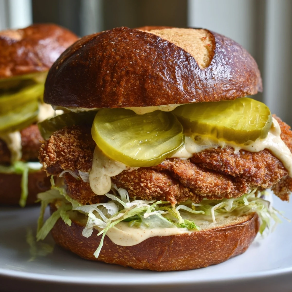 Golden fried crispy chicken burger stacked on toasted brioche with fresh lettuce and tangy pickles