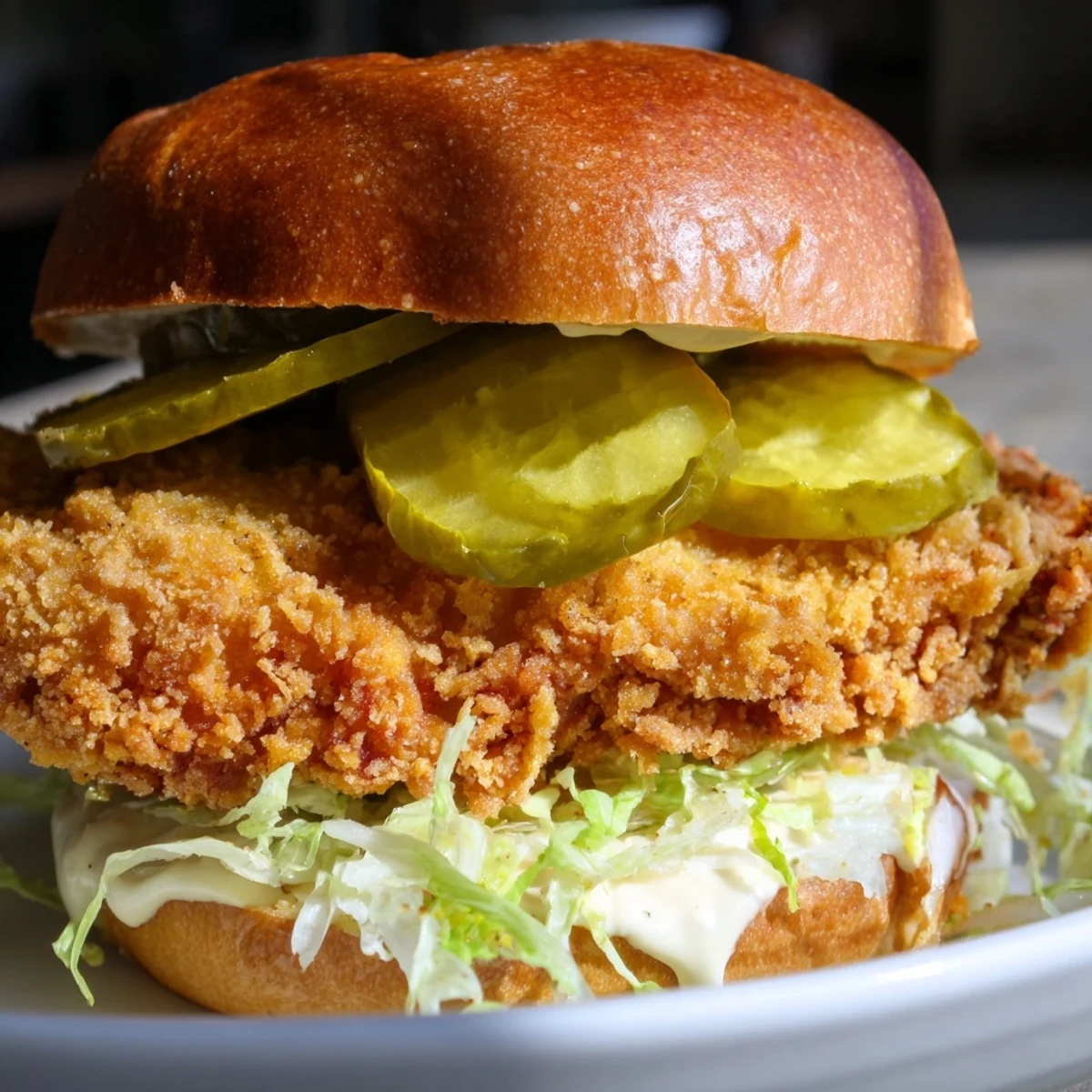 Homemade crispy chicken burger with golden brown fried chicken topped with shredded lettuce and dill pickles
