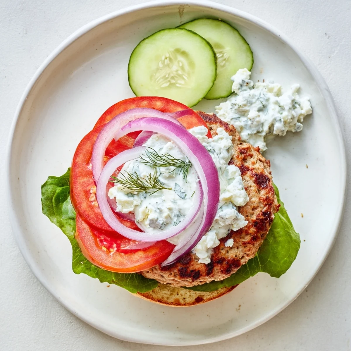 Golden Greek chicken burgers topped with creamy homemade tzatziki sauce and fresh vegetables