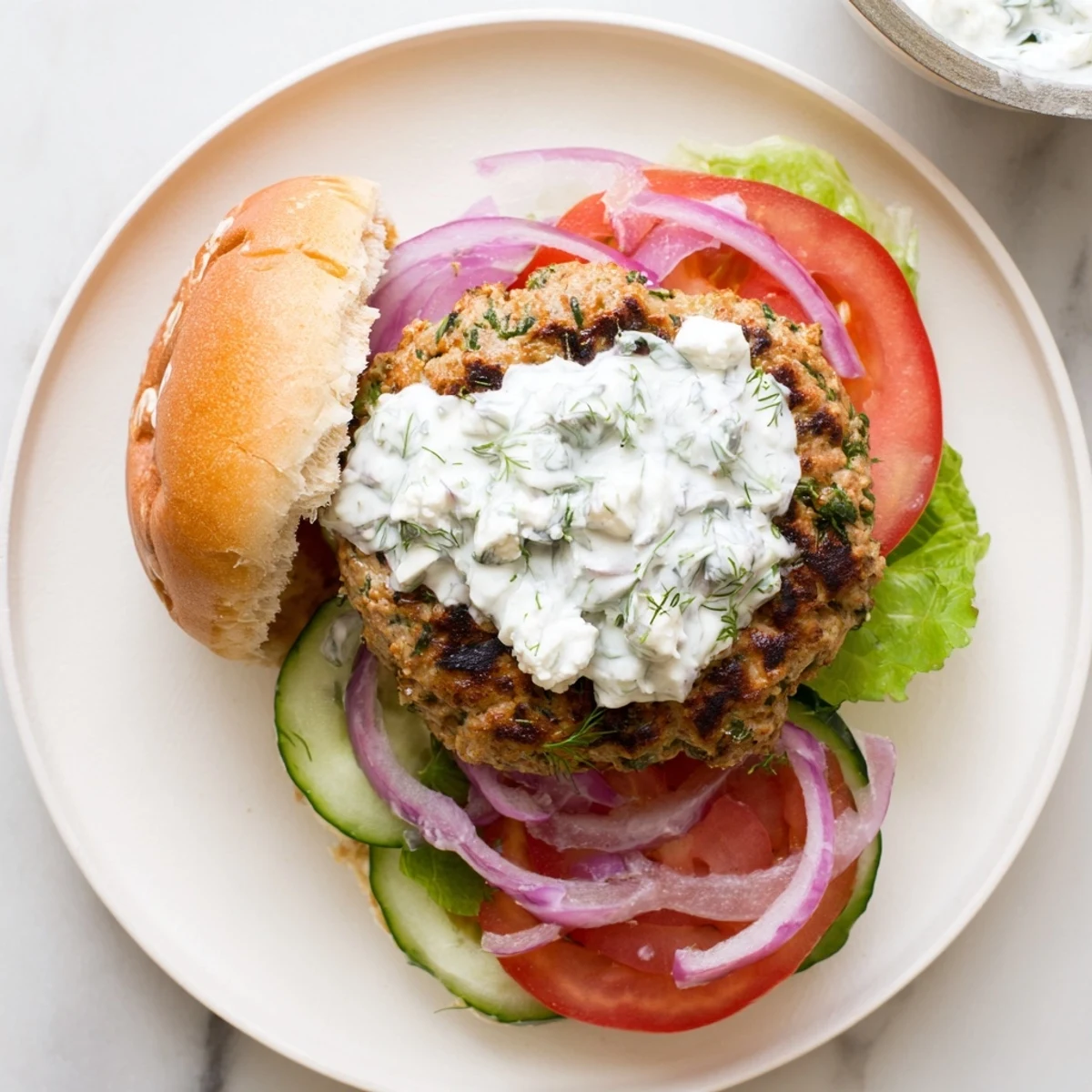 Grilled Mediterranean chicken patties with crumbled feta and tangy cucumber yogurt sauce on toasted buns