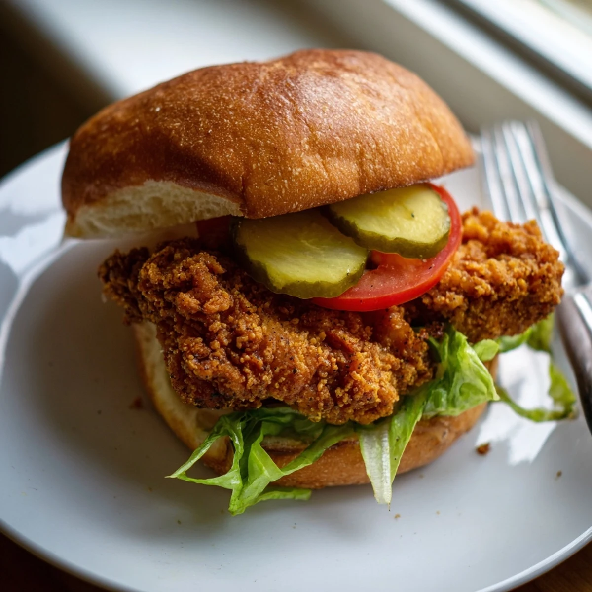 Golden fried chicken burger with crispy coating, fresh lettuce, and tangy pickles on toasted bun
