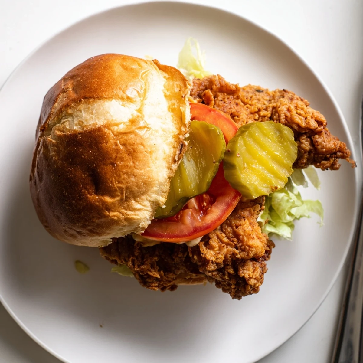 Mouthwatering fried chicken burger featuring extra crispy chicken thigh topped with crisp vegetables