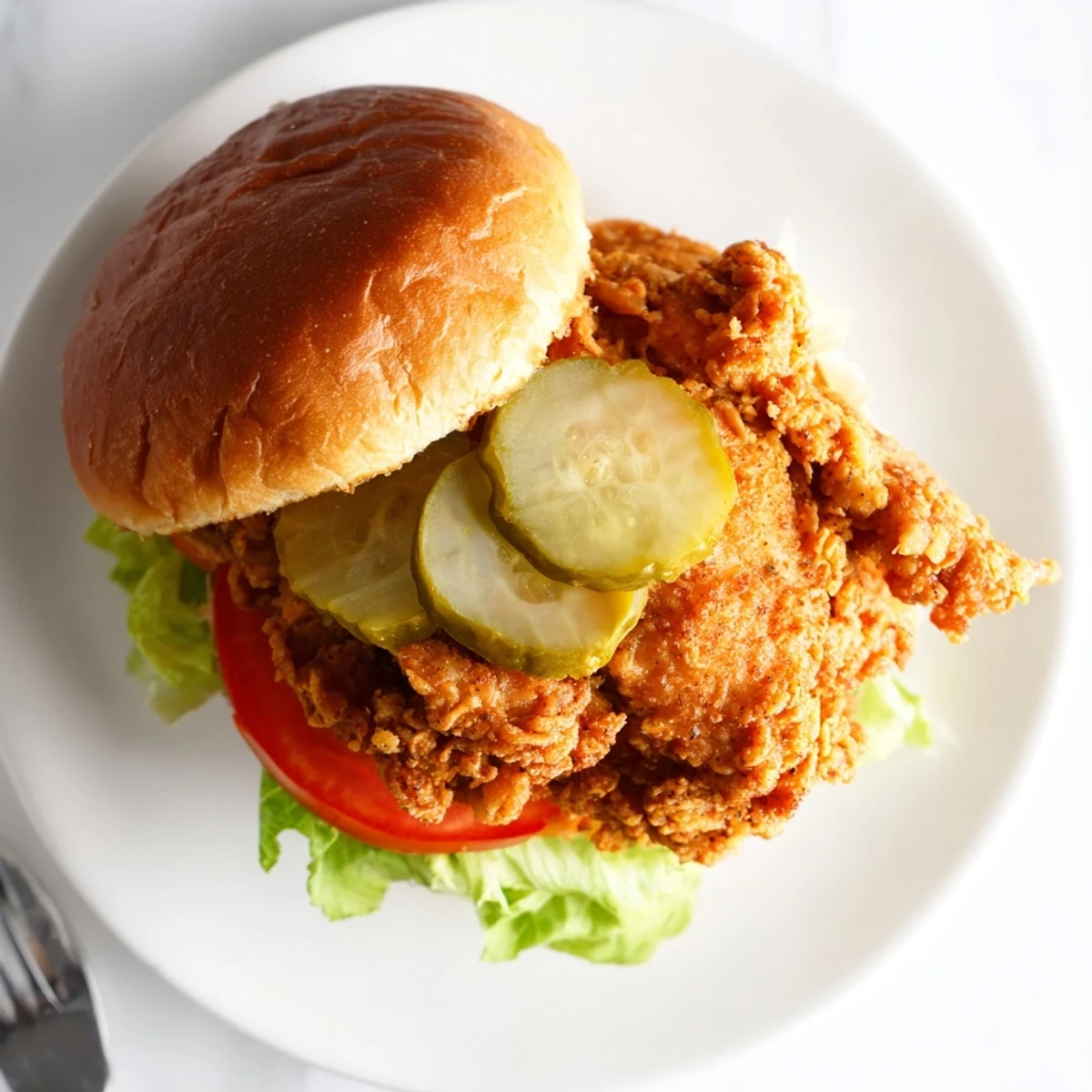 Ultra crunchy fried chicken burger stacked with ripe tomato slices and creamy spicy mayonnaise