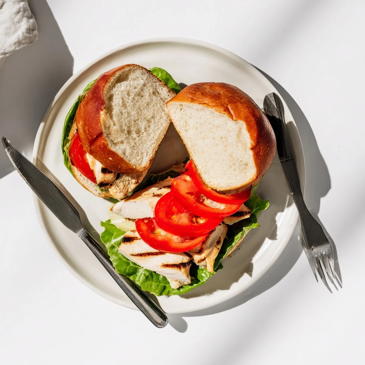 Golden grilled garlic chicken sandwich layered with crisp lettuce tomato and creamy garlic mayonnaise on toasted bun