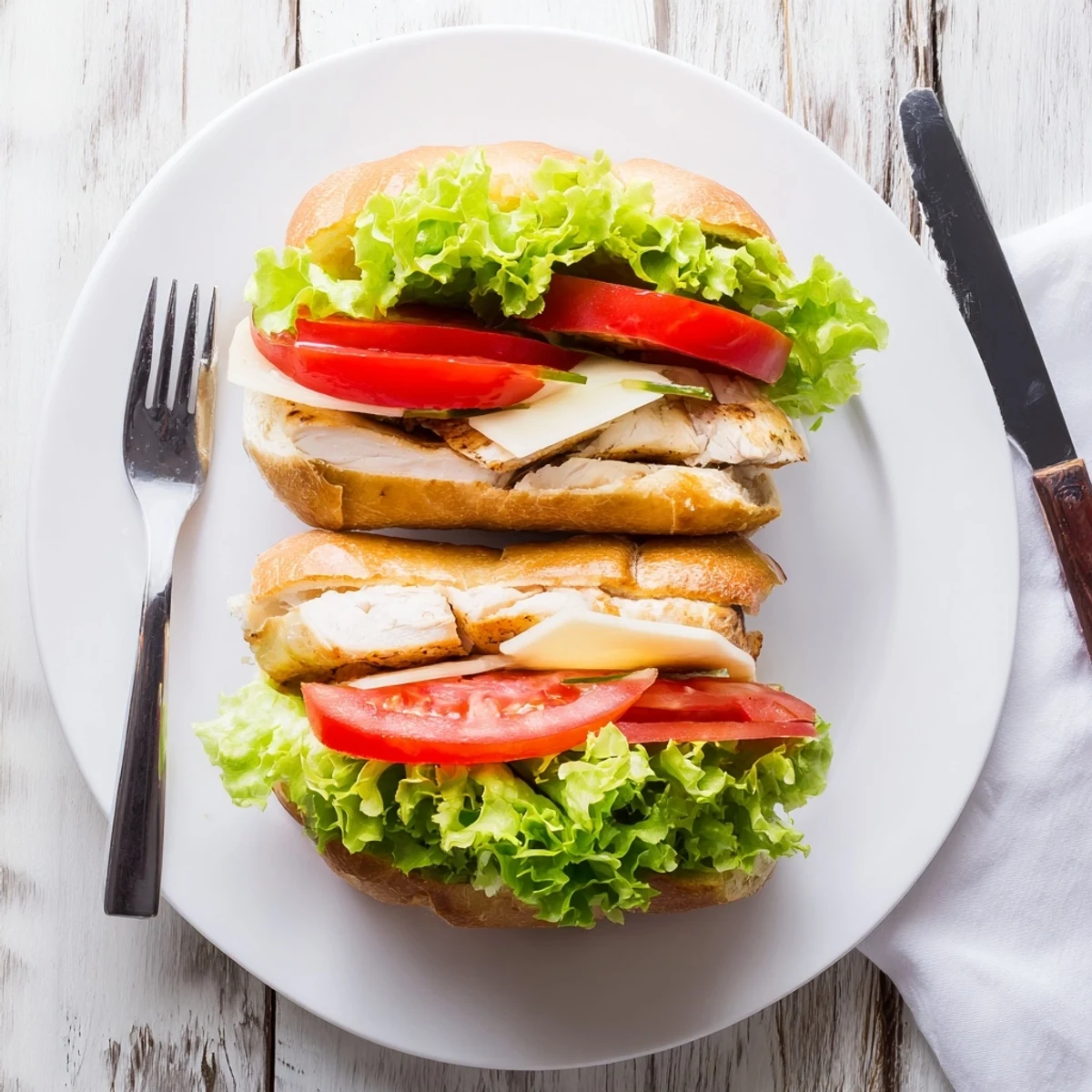Juicy garlic chicken breast sandwich topped with melted provolone fresh vegetables and homemade garlic sauce