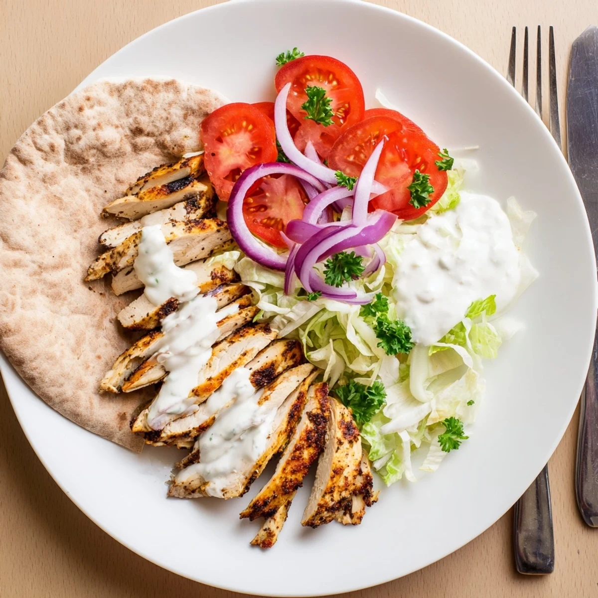 Sliced chicken shawarma spiced with warm Middle Eastern spices and served with fresh lettuce, tomato, and red onion in a warm pita.