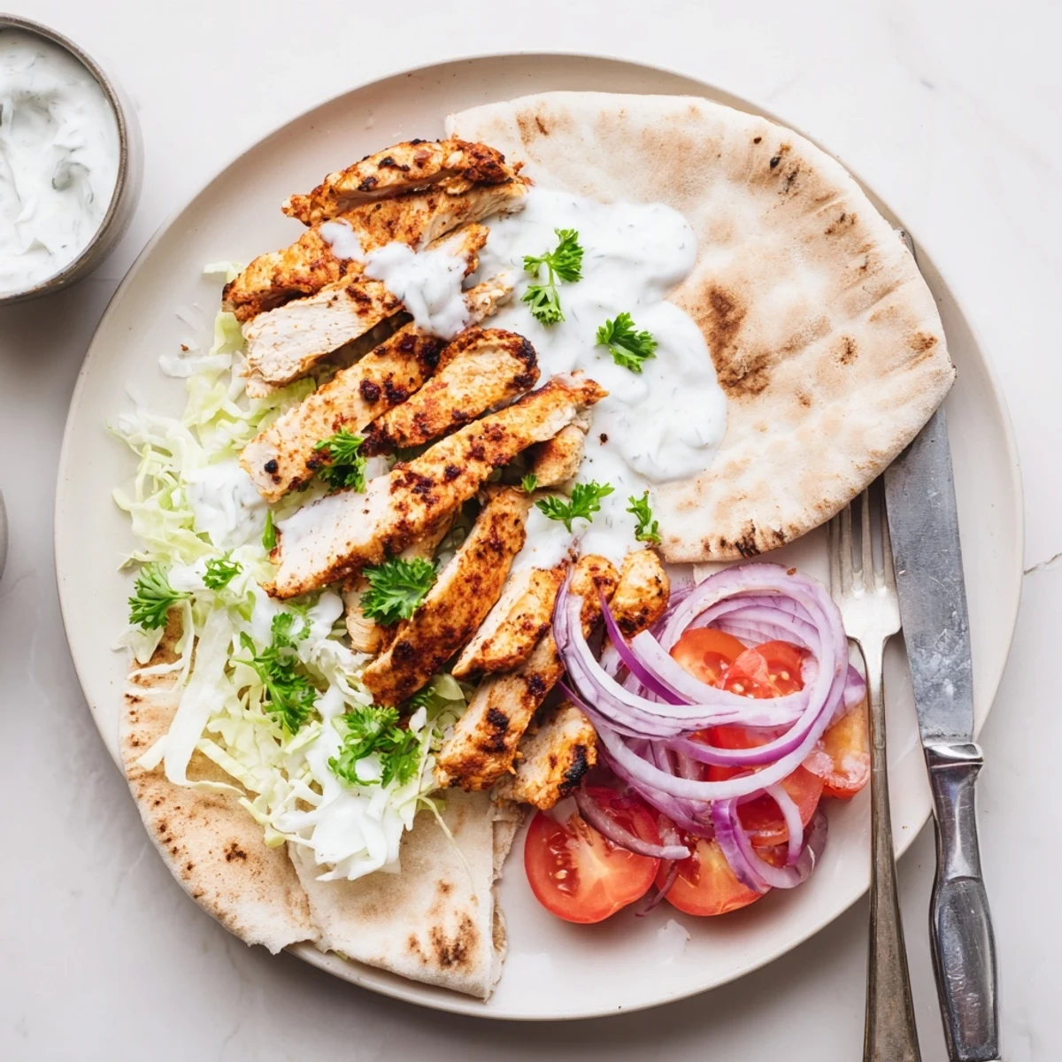 Golden grilled chicken shawarma pieces arranged on a platter with creamy garlic sauce, crisp vegetables, and fluffy flatbread for assembling wraps.