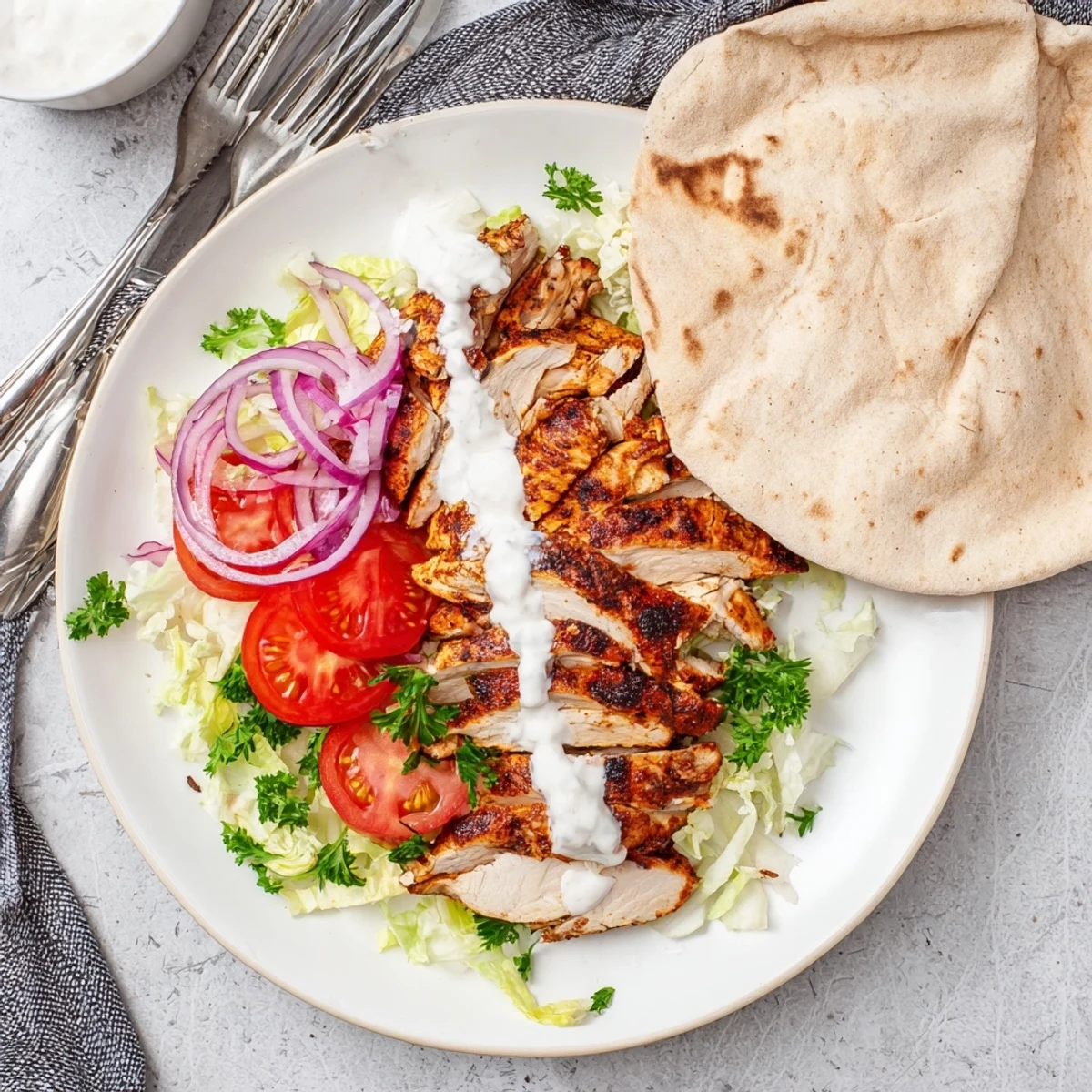 Tender marinated chicken shawarma piled high with vibrant toppings and zesty garlic sauce, ready to fold into a delicious Mediterranean-inspired meal.
