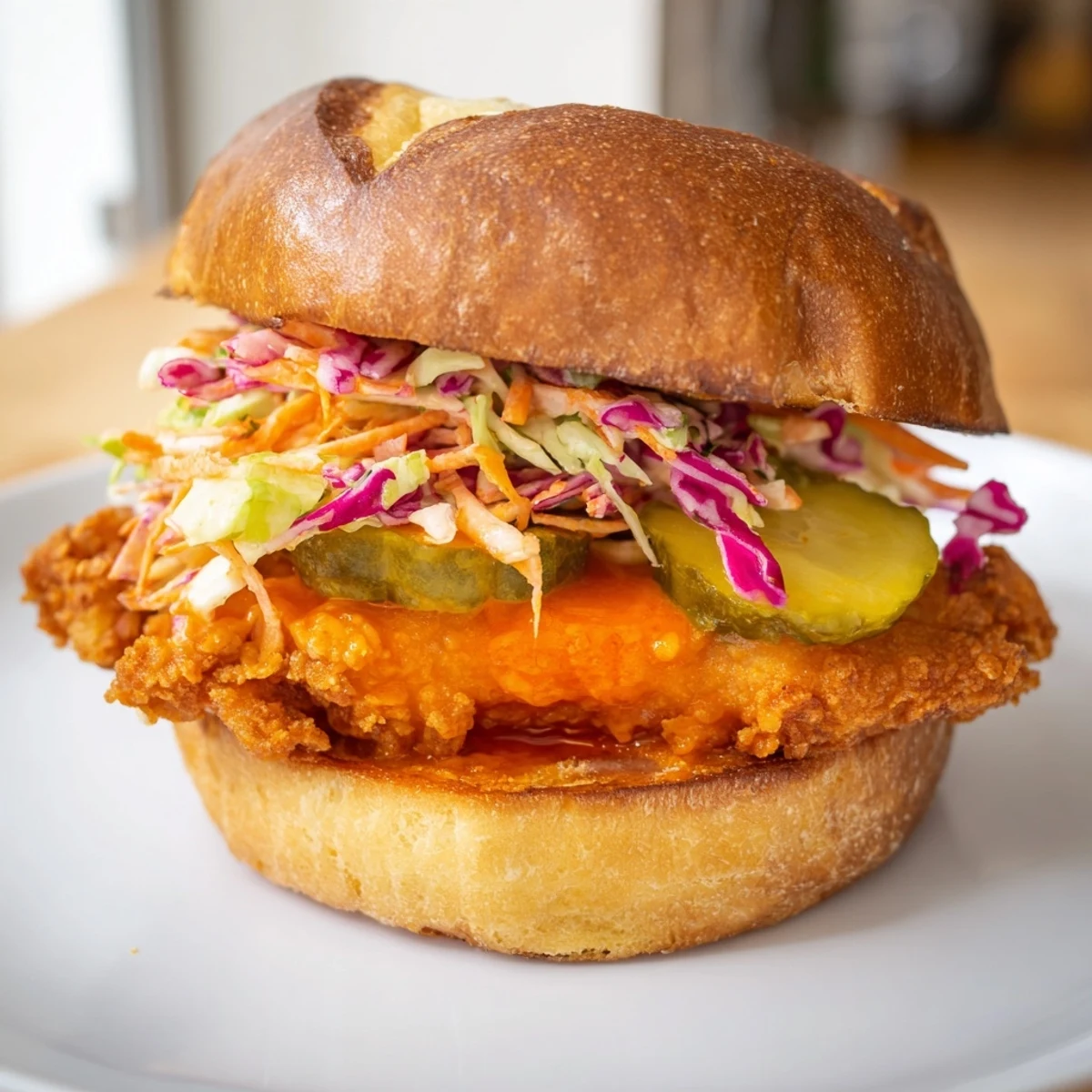 Golden crispy buffalo chicken sandwich topped with cool creamy ranch slaw on toasted brioche bun