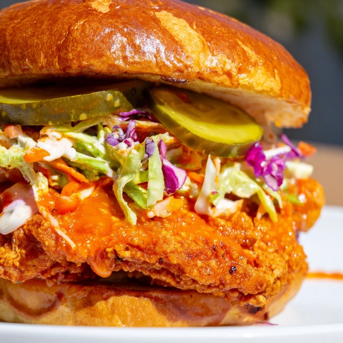 Spicy buffalo fried chicken breast piled high with crunchy cabbage slaw and tangy ranch dressing