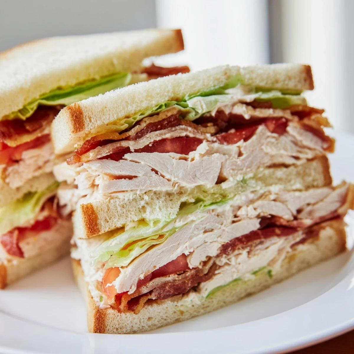 Triple-decker chicken club sandwich stacked with crispy bacon lettuce tomato on toasted bread