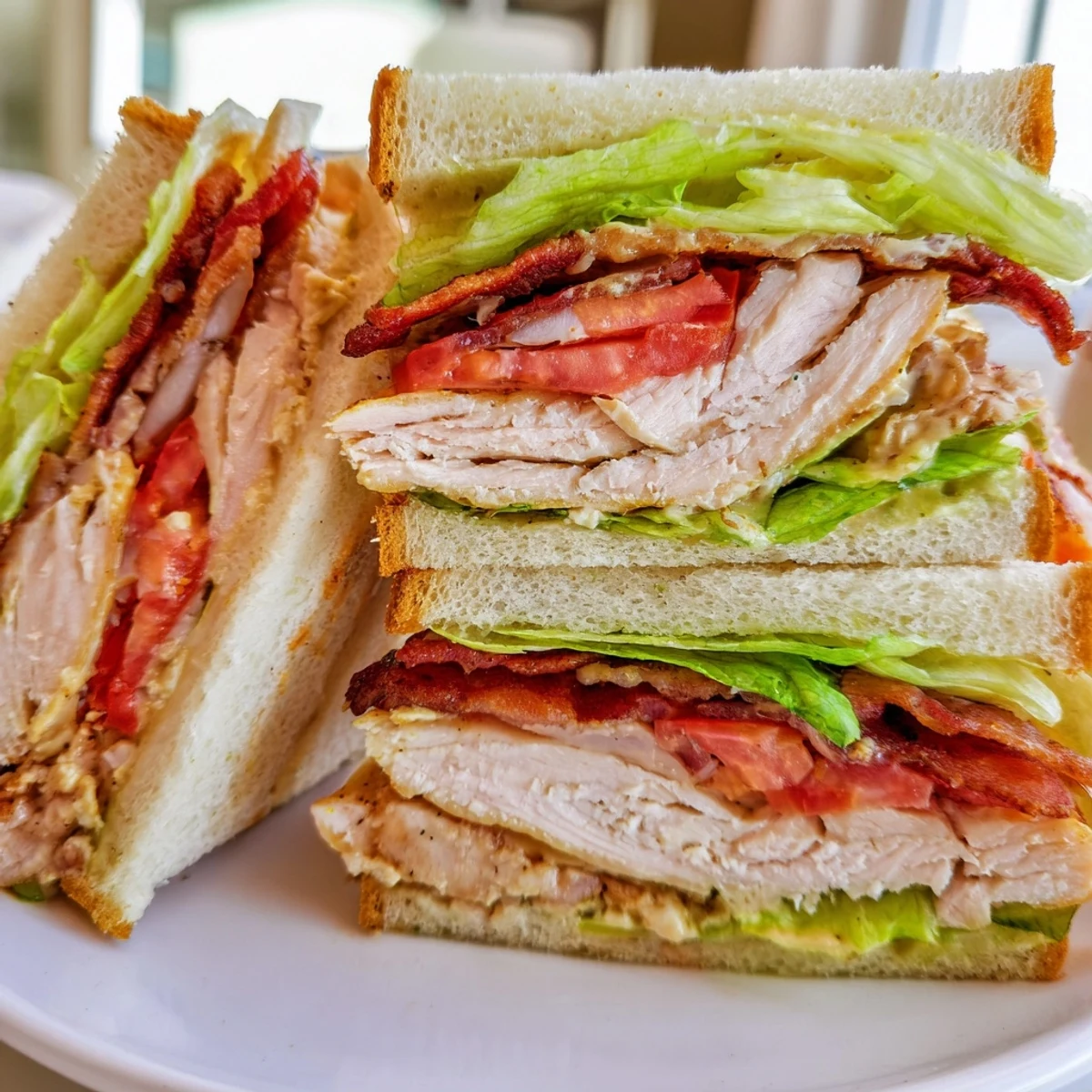 Chicken club sandwiches diagonally sliced revealing layers of juicy tomatoes and savory bacon