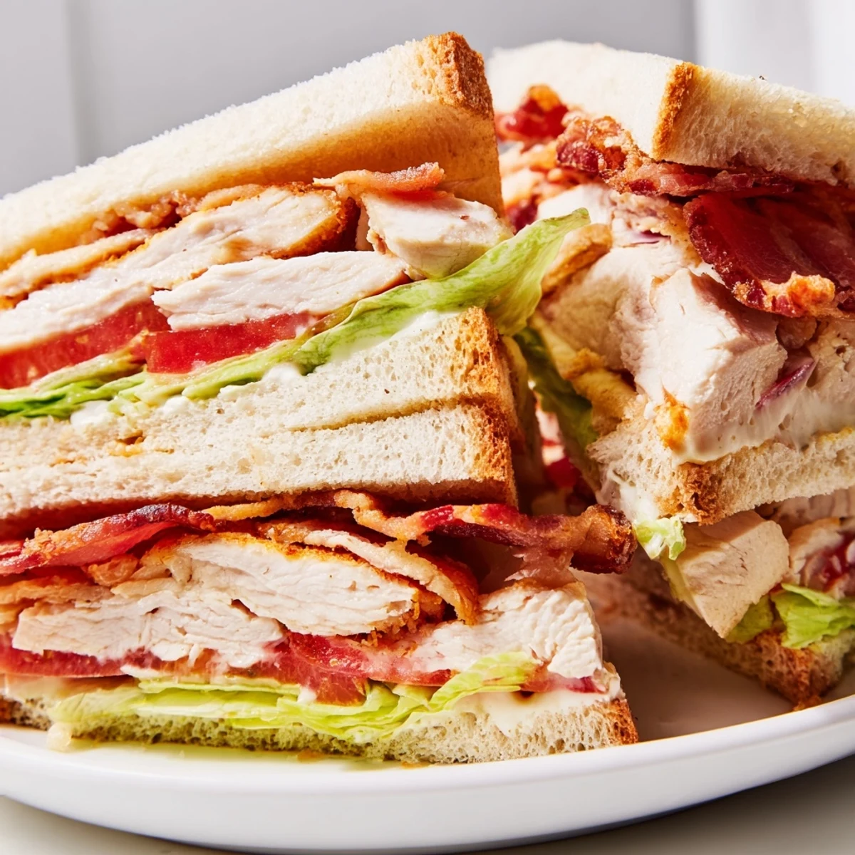 Golden toasted chicken club sandwich featuring crisp lettuce ripe tomato and smoky bacon strips