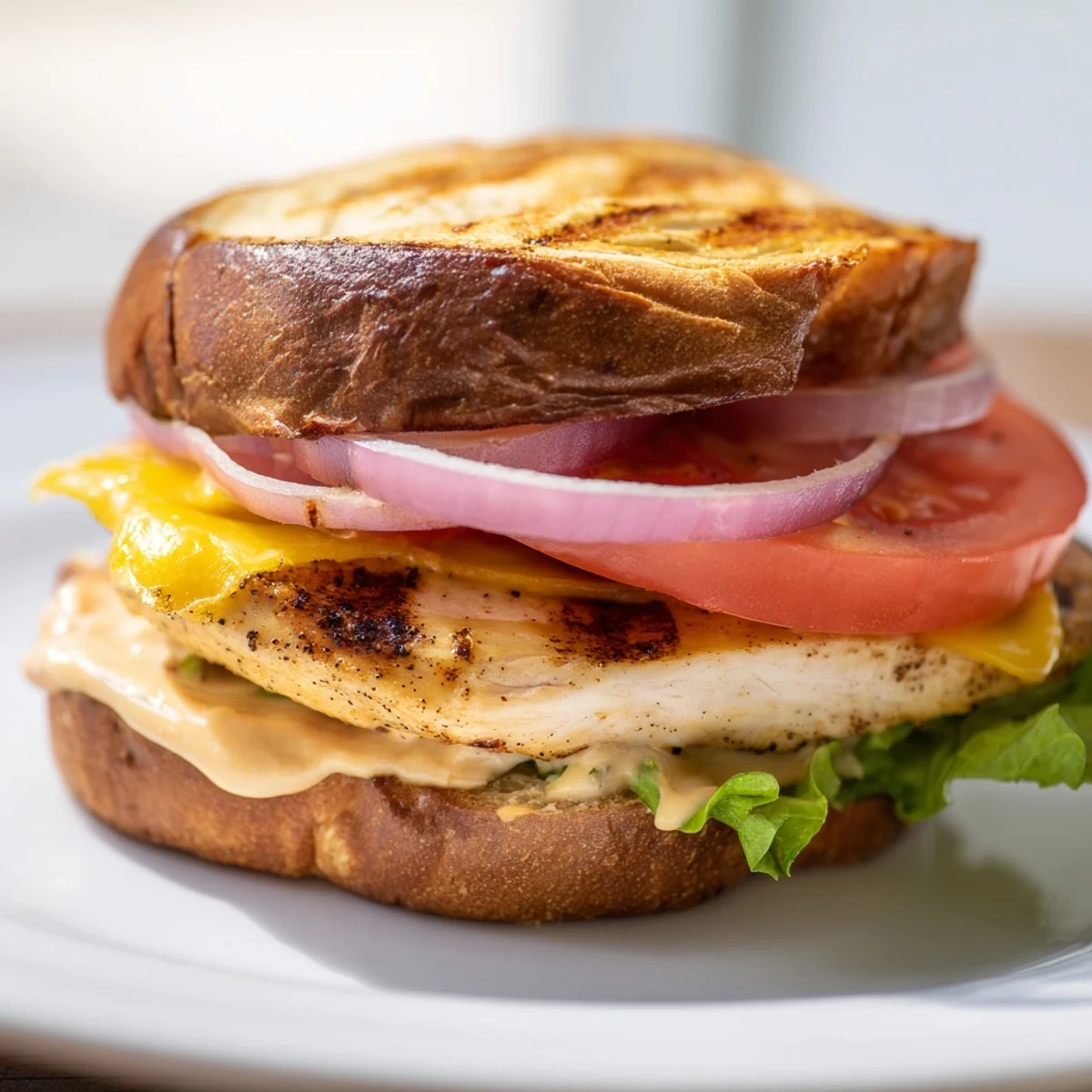 Golden grilled chicken breast sandwich stacked with fresh vegetables and creamy mayo mustard spread