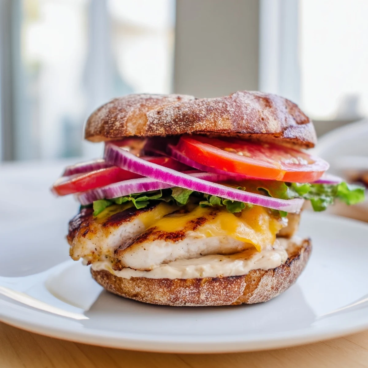 Juicy grilled chicken sandwich layered with crisp lettuce, tomato, and melted cheddar on a toasted bun