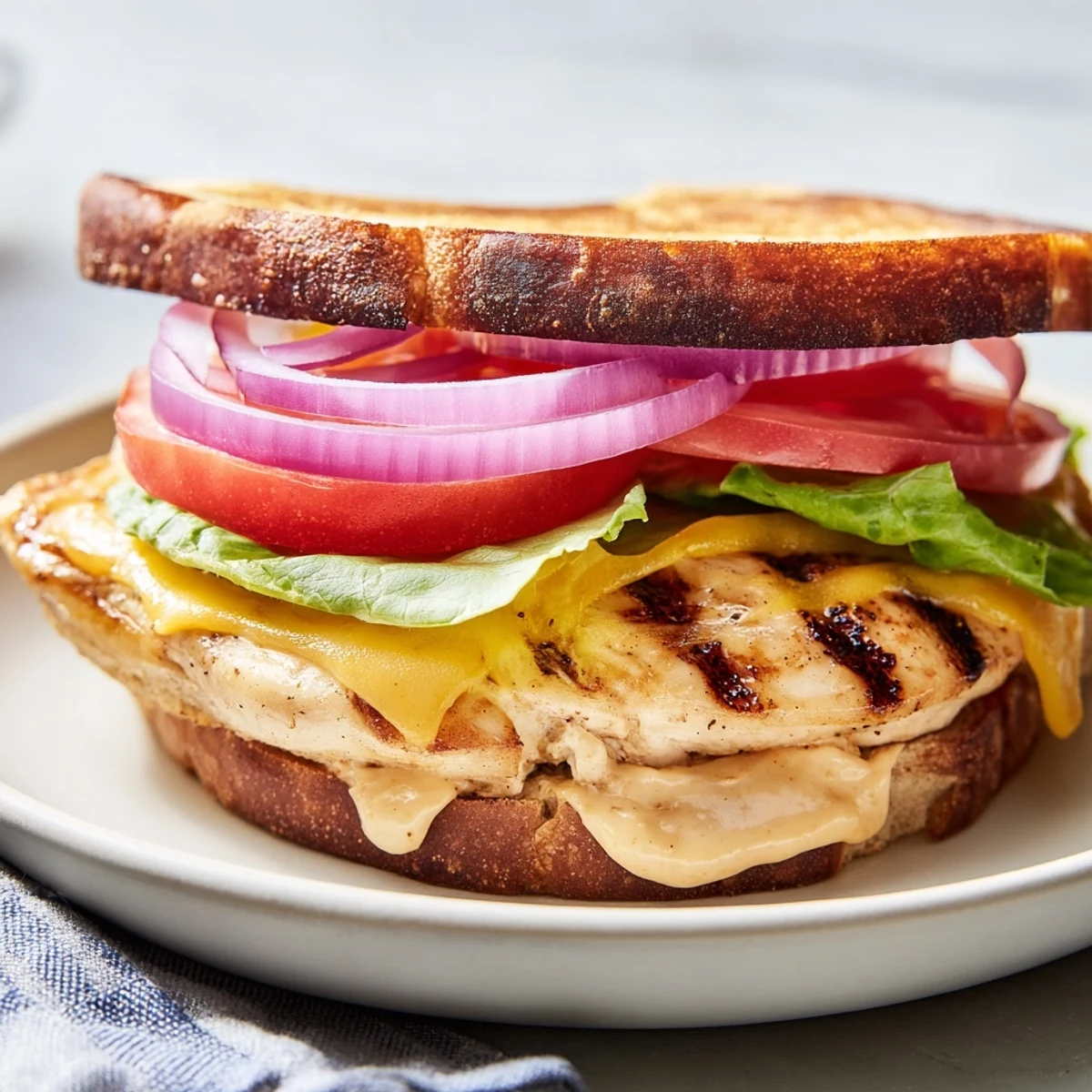 Homemade grilled chicken sandwich featuring spiced chicken cutlets with red onion and romaine lettuce
