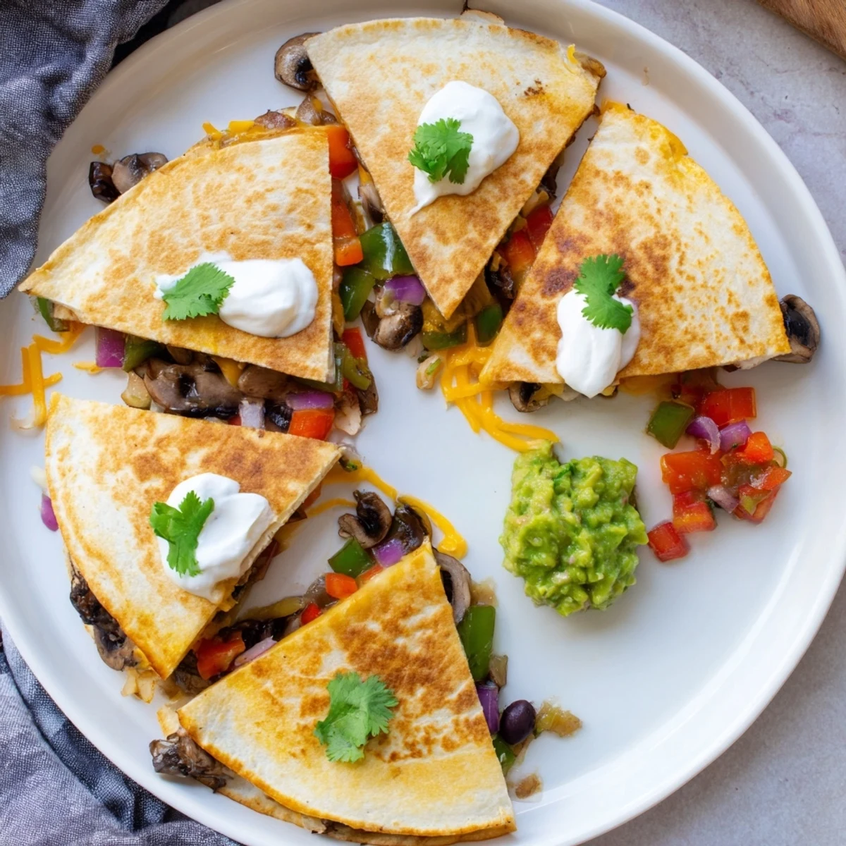 Golden quesadillas with melted cheddar and Monterey Jack cheese cut into wedges