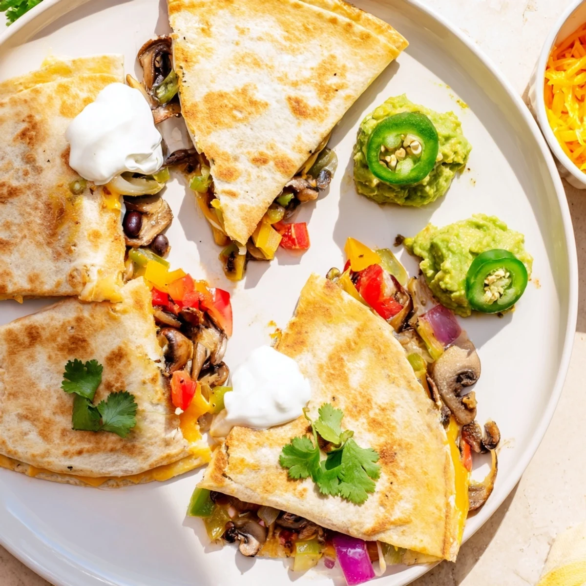Crispy tortilla quesadillas filled with melted cheese served with sour cream and guacamole