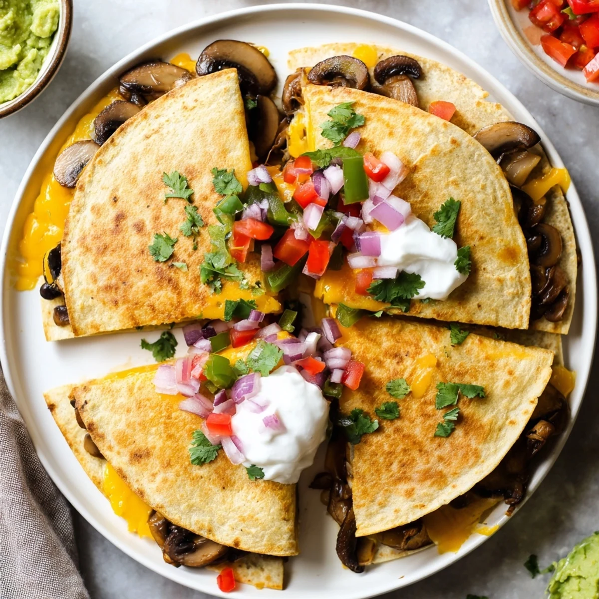 Homemade quesadillas featuring bubbling cheese blend folded in warm flour tortillas