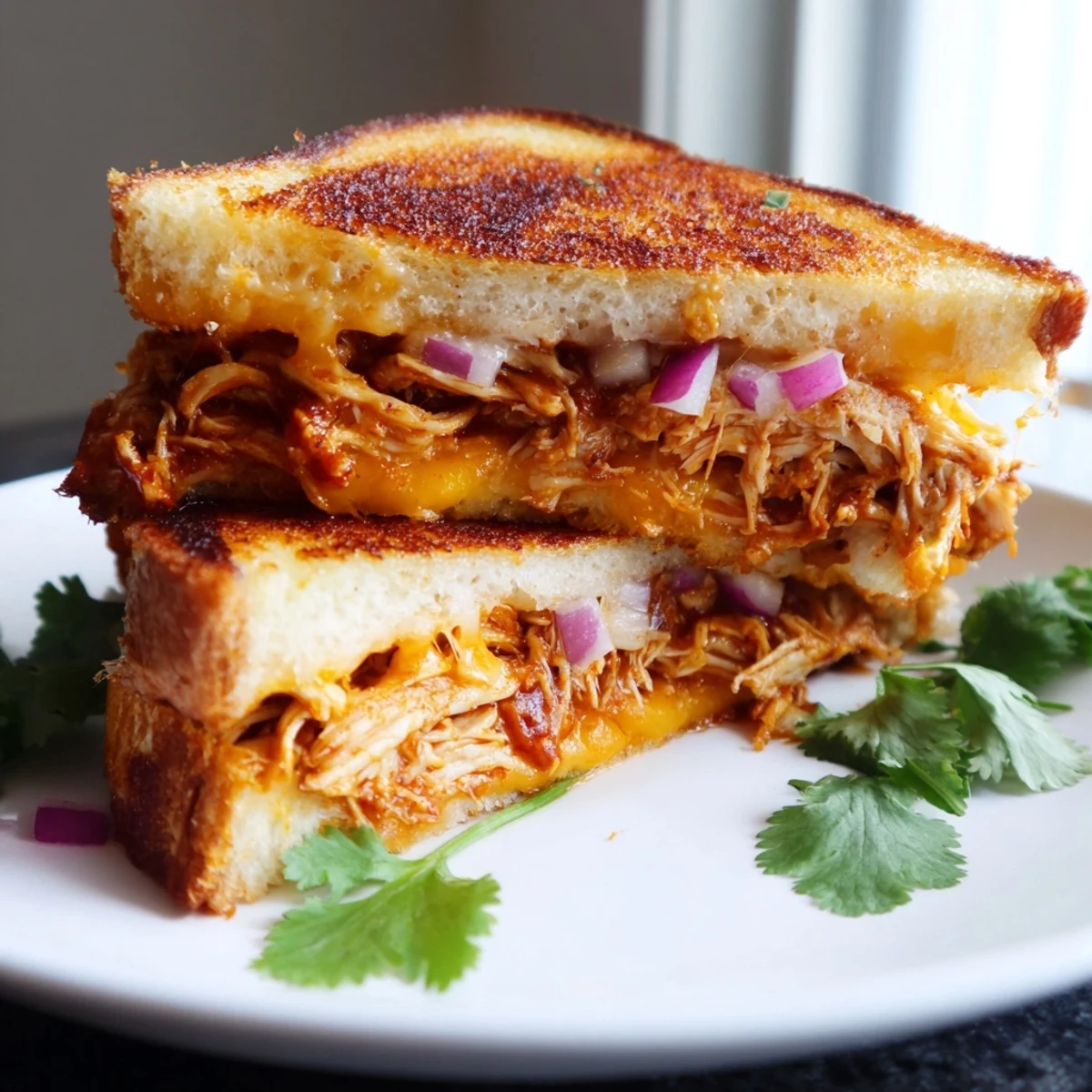 Golden BBQ chicken grilled cheese sandwich with melted cheddar and mozzarella on buttery sourdough bread