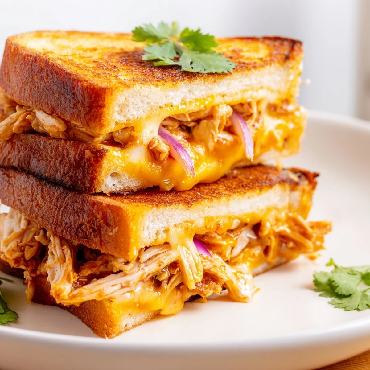Sliced BBQ chicken grilled cheese featuring crispy toasted bread and oozing cheese layers on a wooden board