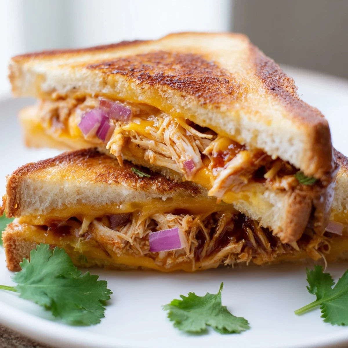 Warm BBQ chicken grilled cheese with red onion and fresh cilantro served on a white plate