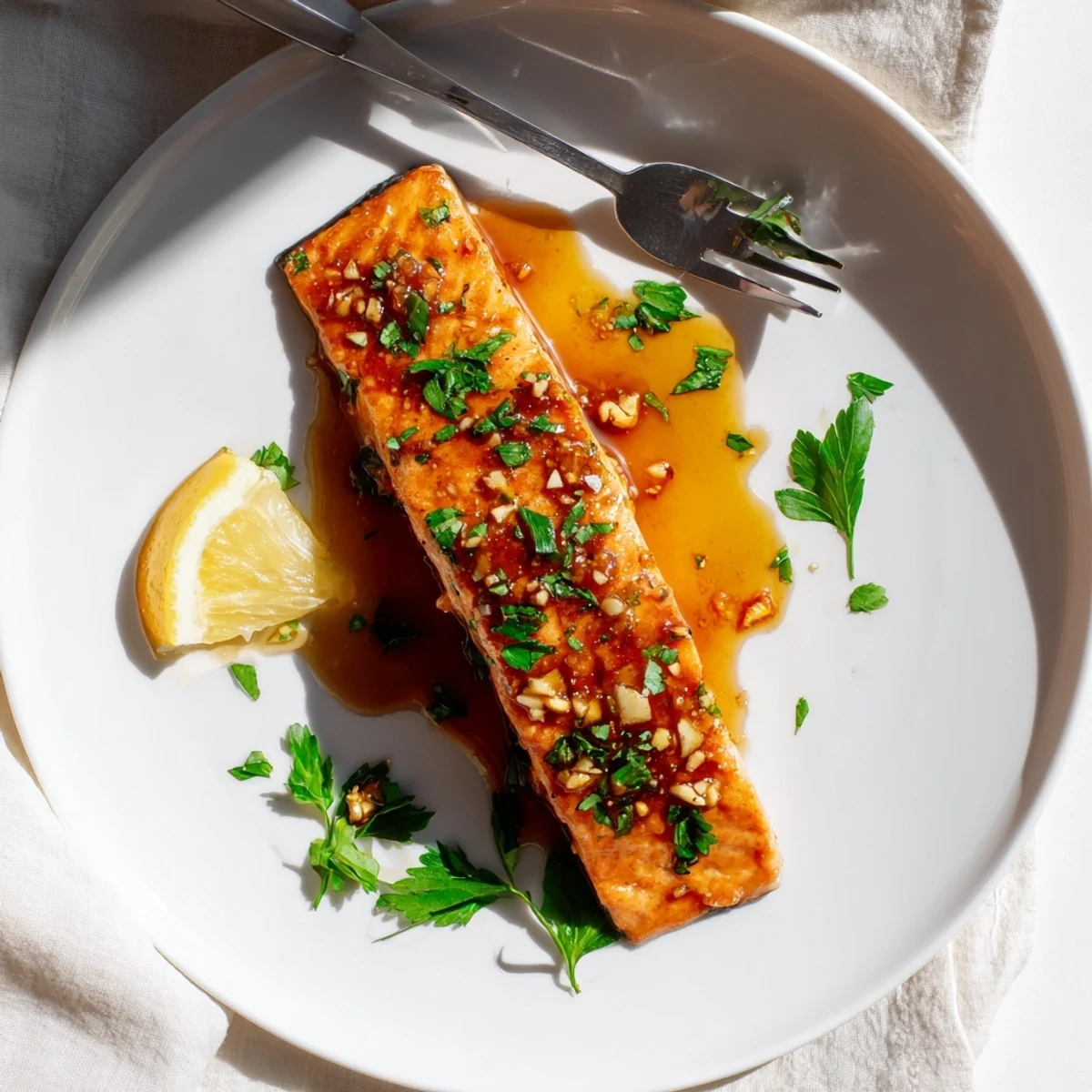Golden pan-seared honey garlic glazed salmon drizzled with sticky sweet savory sauce and fresh parsley garnish