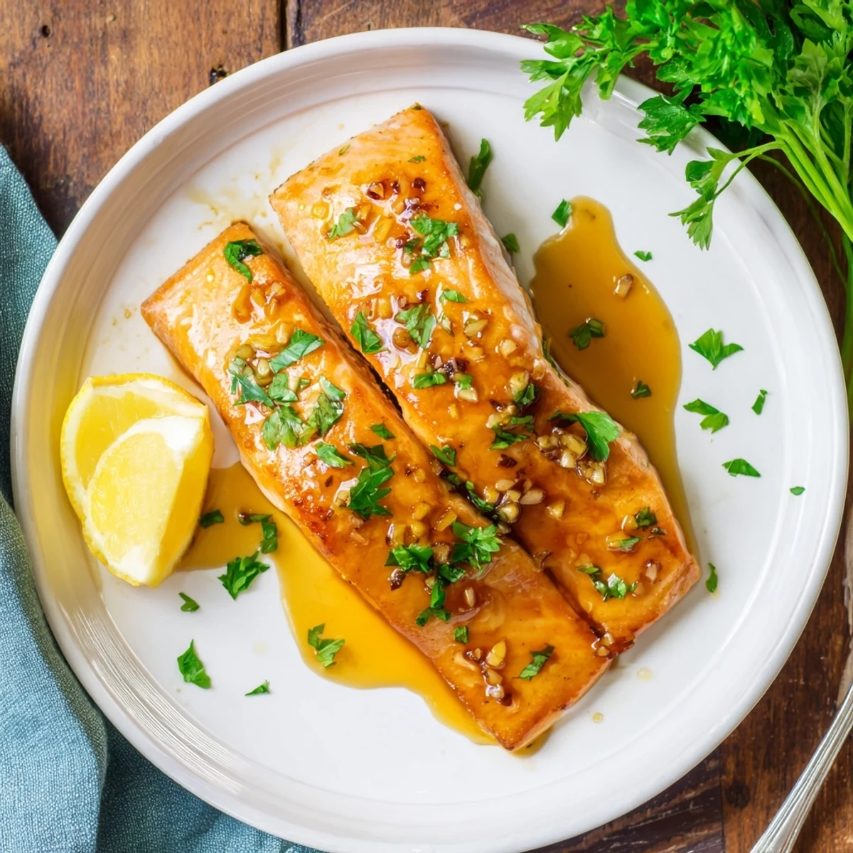 Honey garlic glazed salmon fillets with caramelized coating served on white plate with lemon wedges