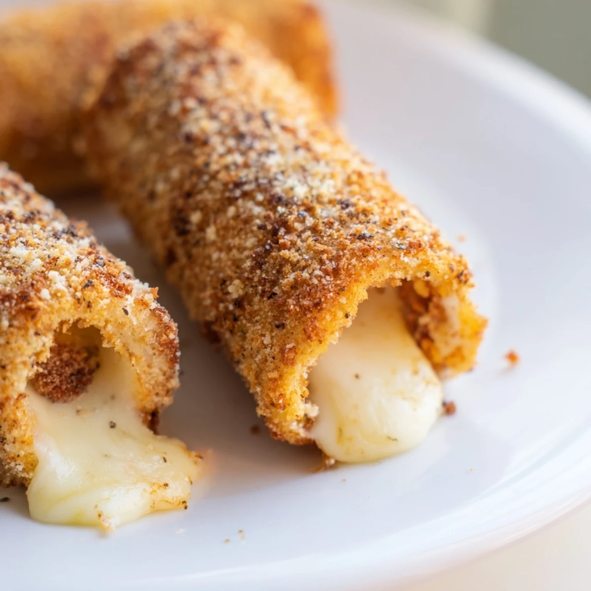 Golden crispy cheesy roll ups with melty mozzarella center on white plate
